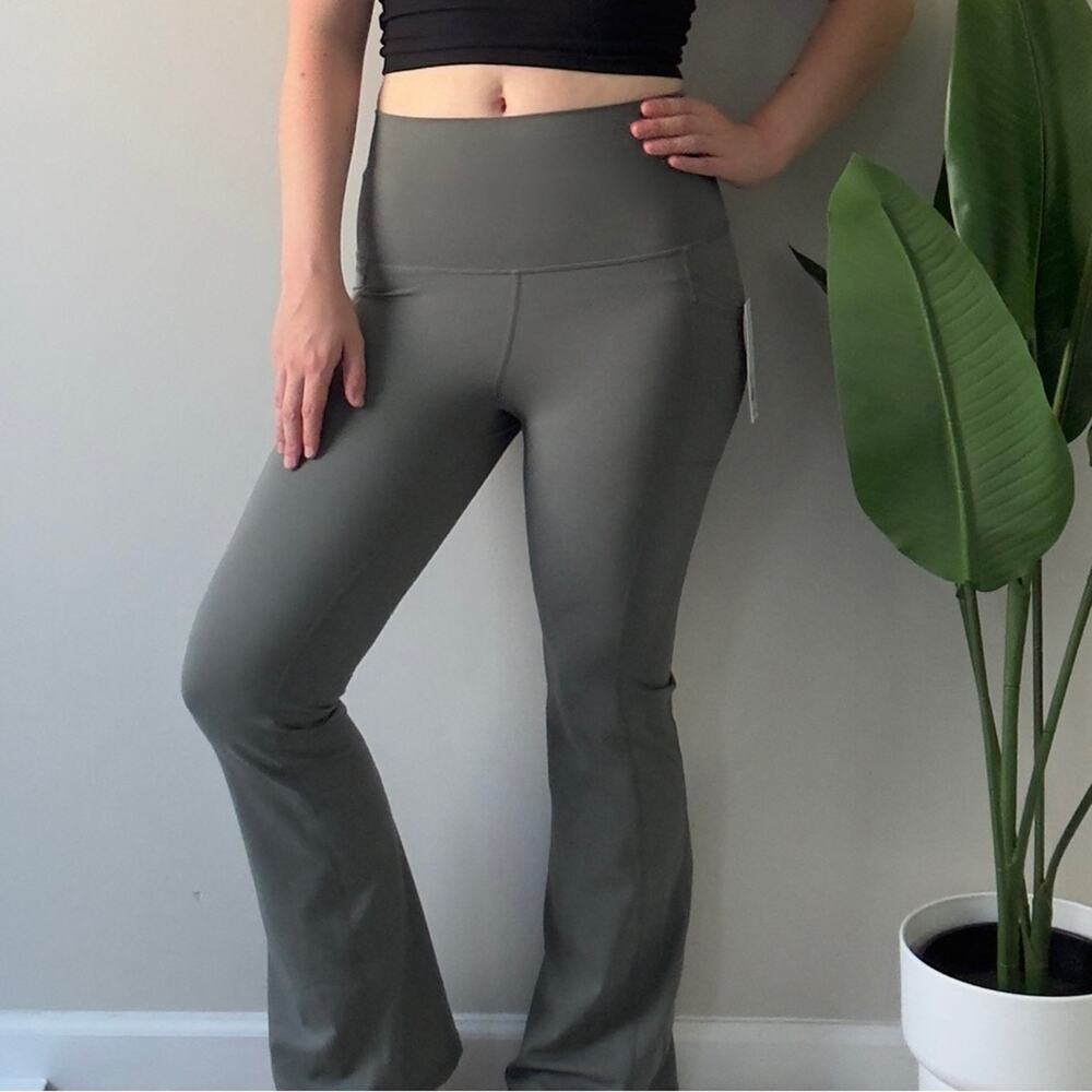 Yogalicious Lux Tribeca 7/8 Flare Pants in Mulled Basil stretch high waist rise